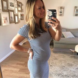 Motherhood Maternity Ribbed Stretchy Blue White Stripe Dress